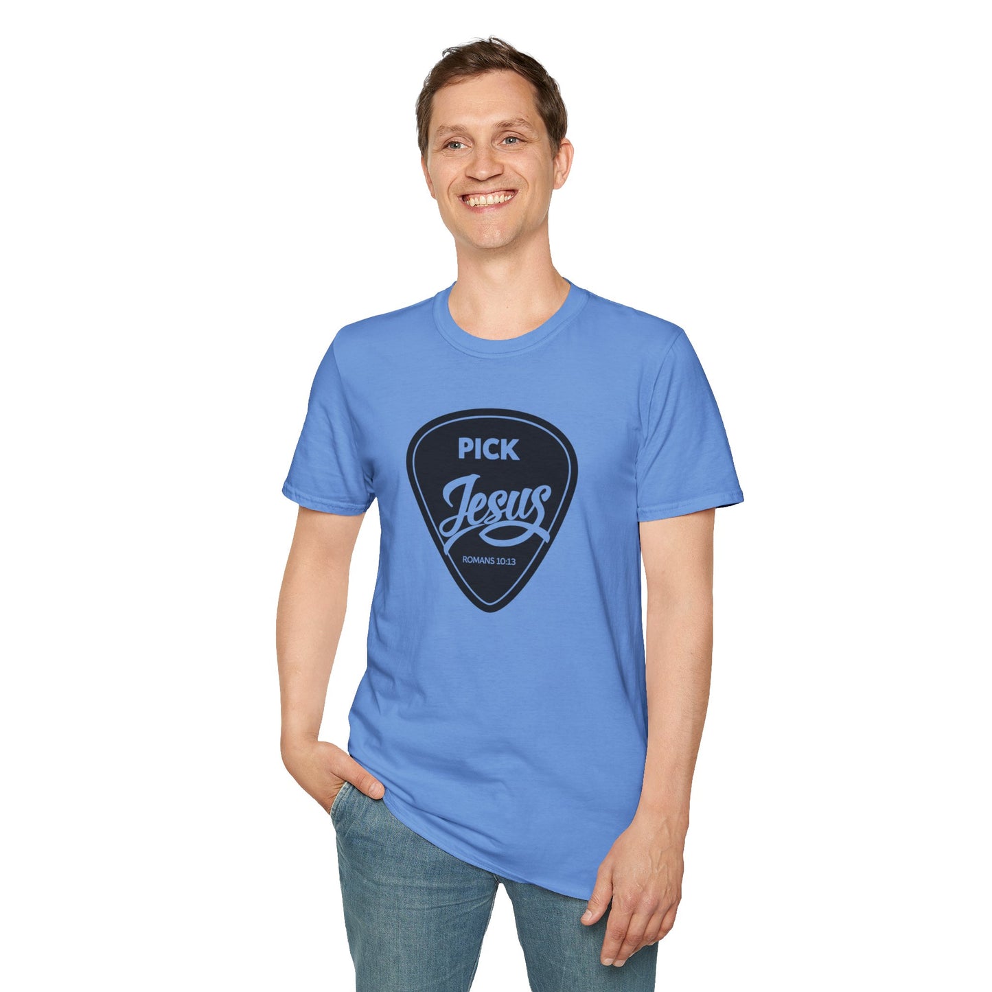 Pick Jesus T-Shirt — Christian Guitar Pick Design (Romans 10:13)