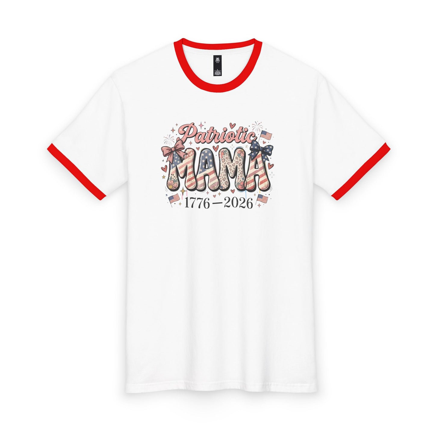 #250 Patriotic Mama 1776–2026 American Flag Ringer Tee