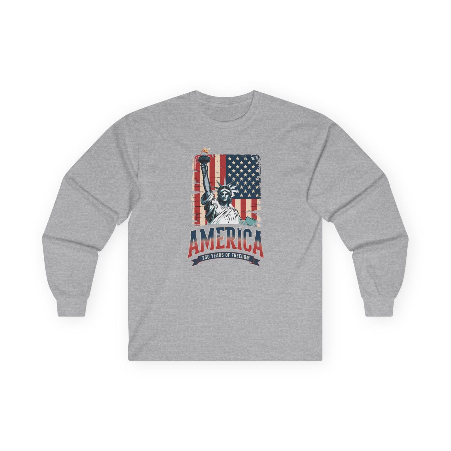#250 Statue of Liberty American Flag 'America' Patriotic Independence Day Long Sleeve Tee