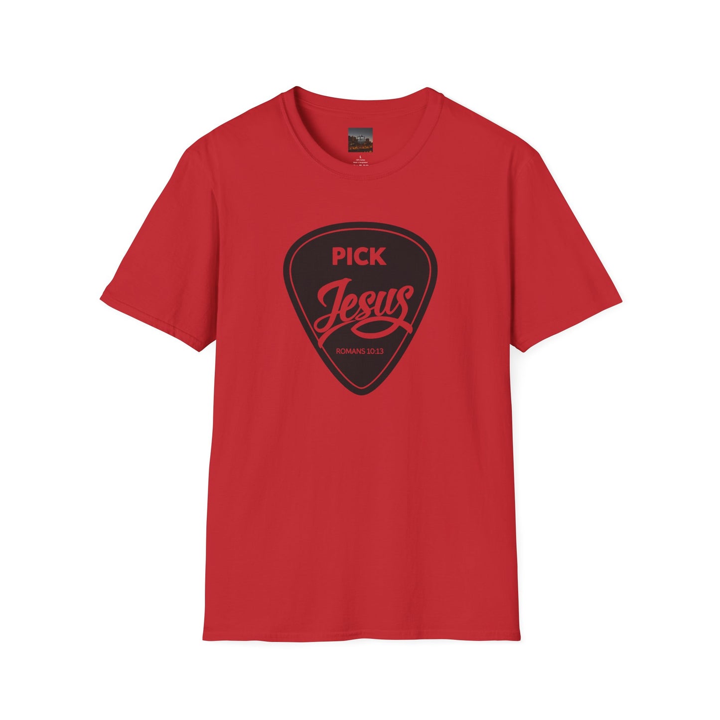 Pick Jesus T-Shirt — Christian Guitar Pick Design (Romans 10:13)