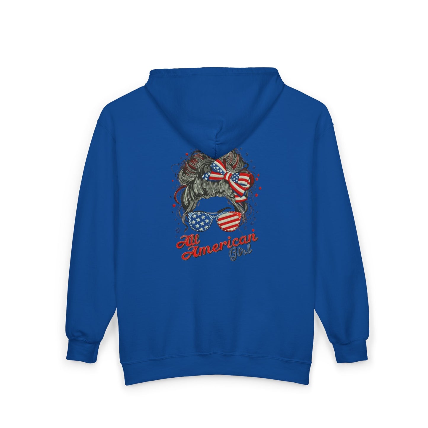 #250 "All American Girl" Patriotic Messy Bun Zip Hoodie