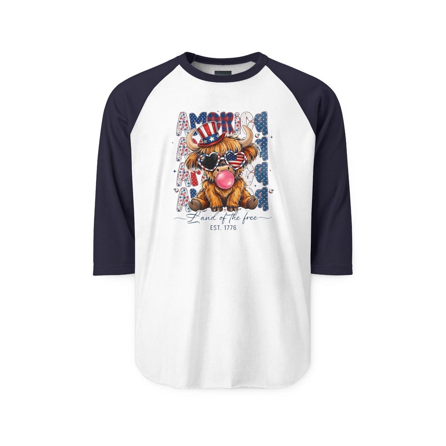 #250 American Flag Bubblegum Patriotic Highland Cow Raglan 3/4 Sleeve Baseball Tee
