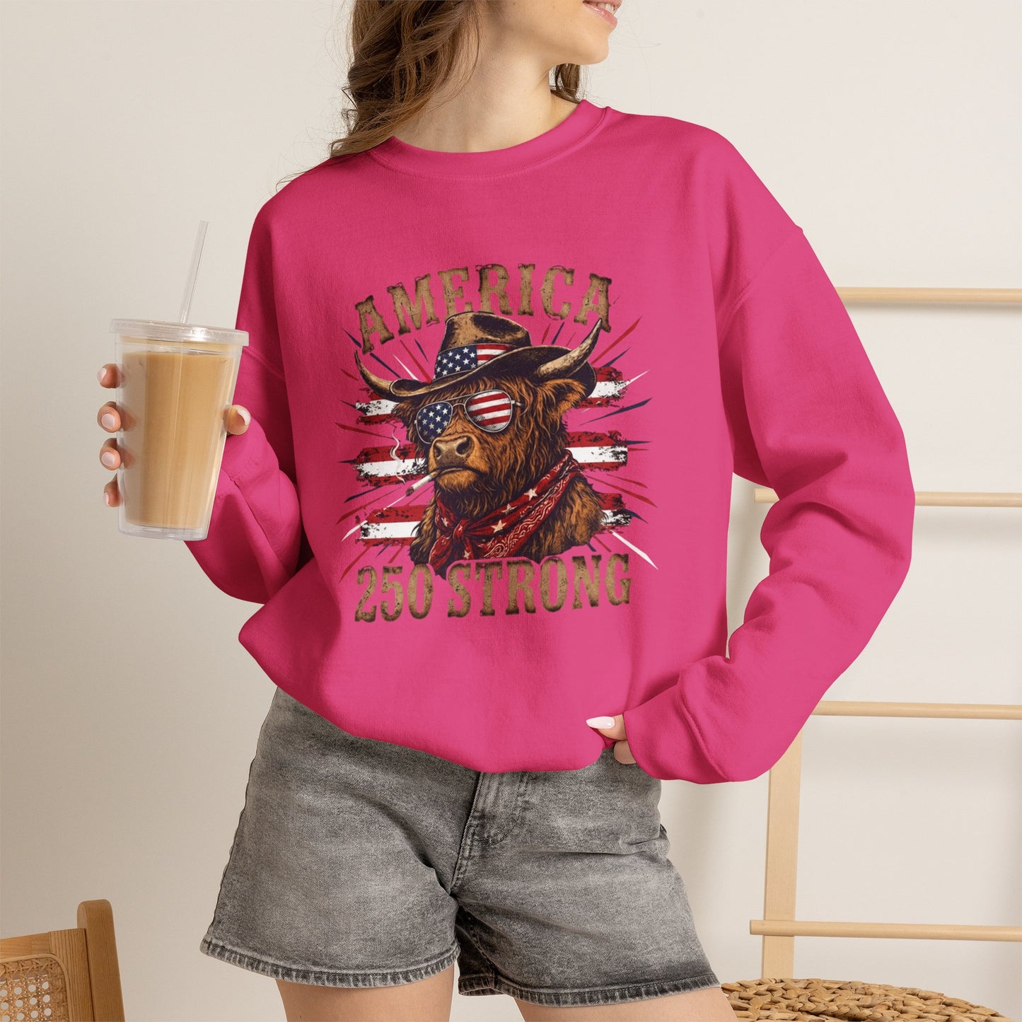 #250 America 250 Strong Patriotic Bull with American Flag Sweatshirt