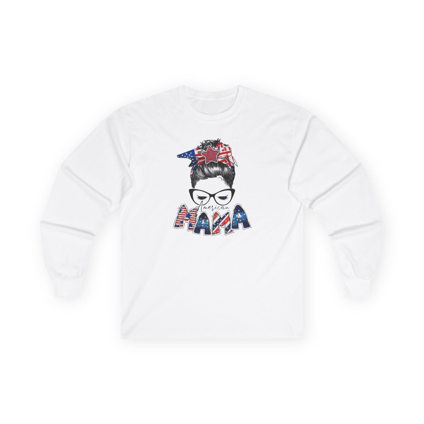 #250 Mama USA Flag Messy Bunn Long Sleeve Tee