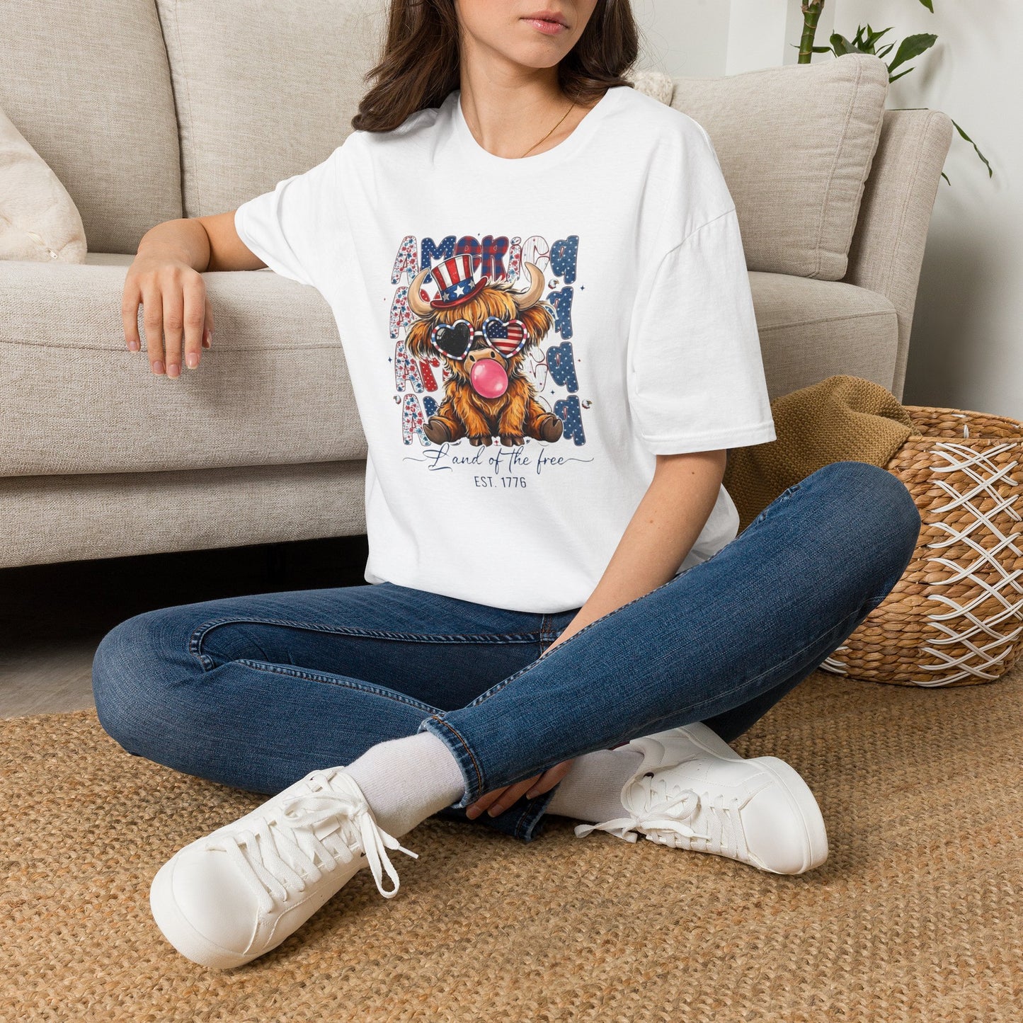#250 American Flag Bubblegum Patriotic Highland Cow T-Shirt