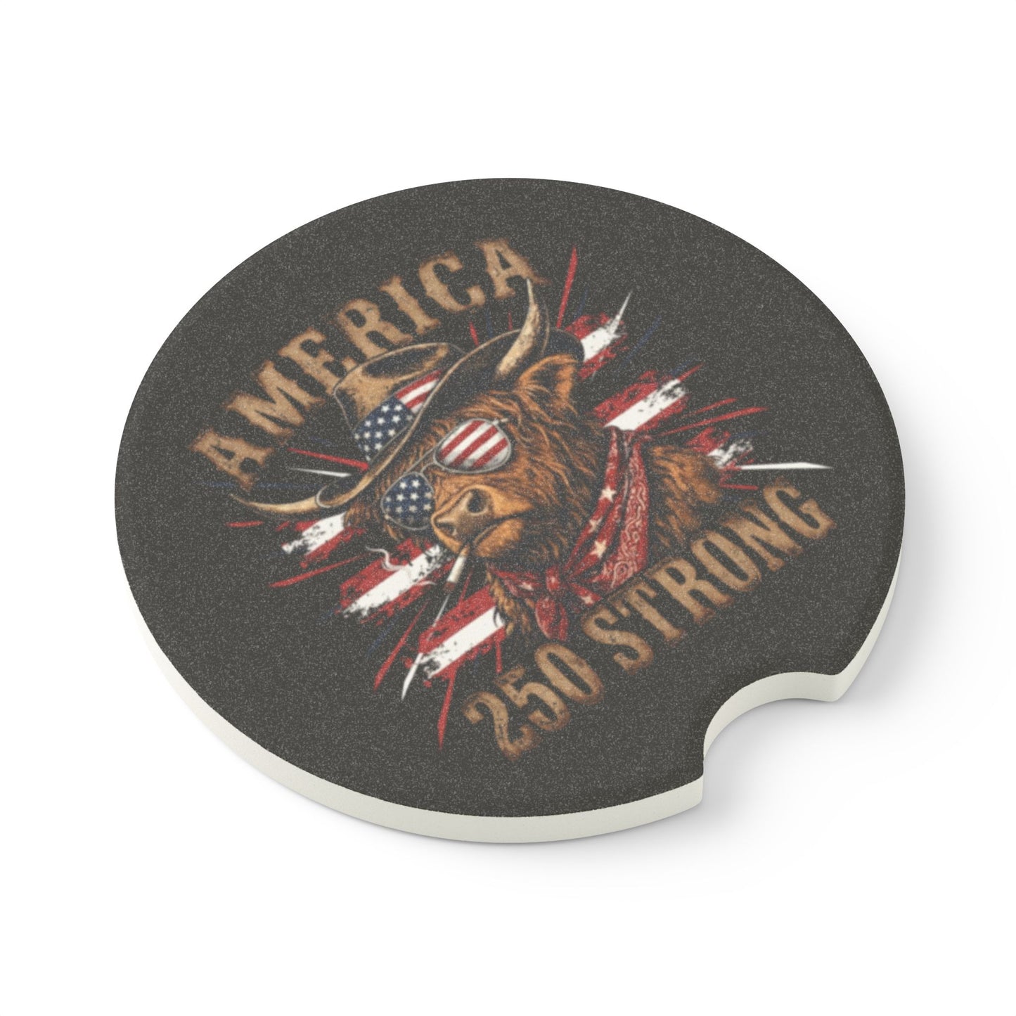 #250 America 250 Strong Patriotic Bull with American Flag Soapstone Car Coaster – Patriotic Independence Day Car Mug Holder