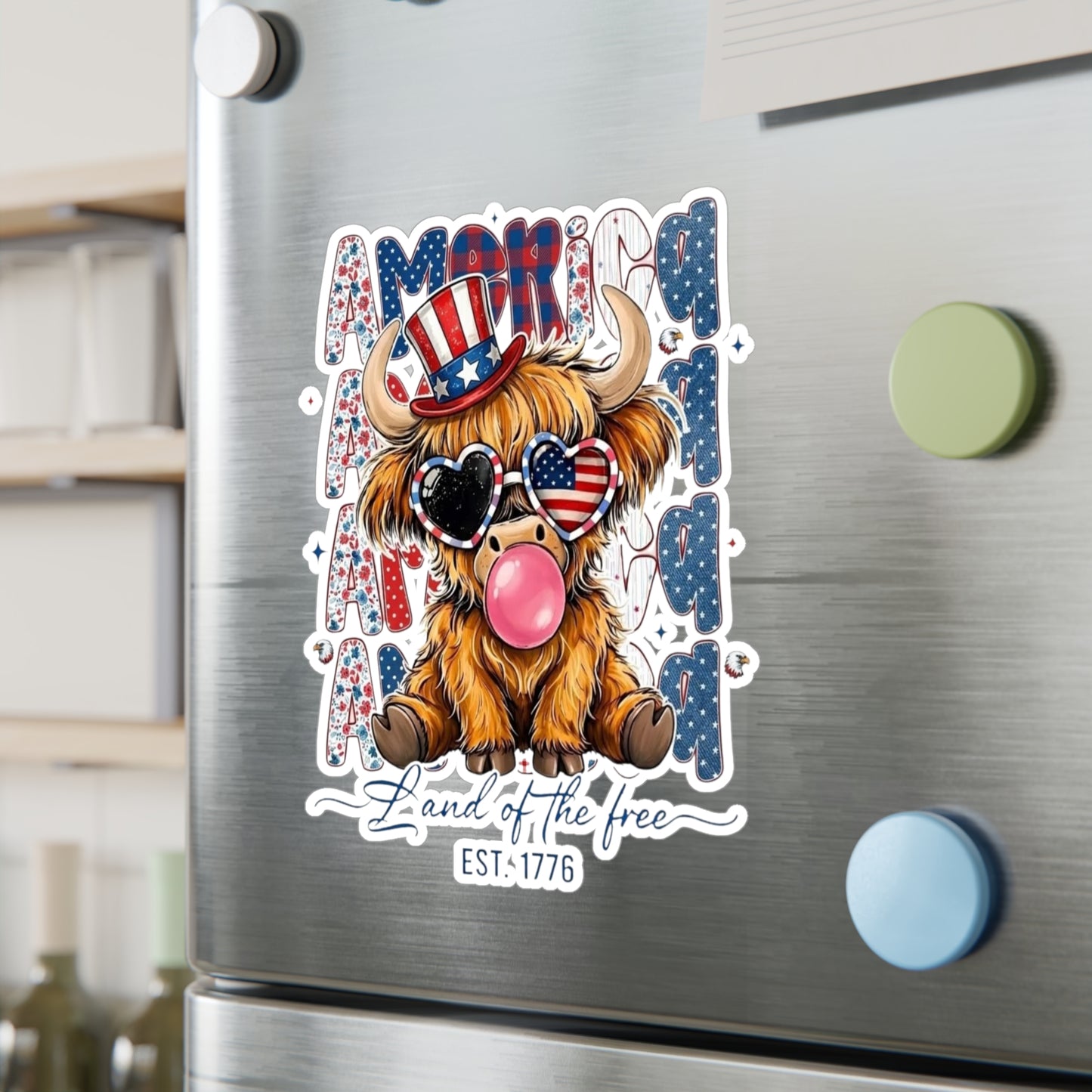 #250 American Flag Bubblegum Patriotic Highland Cow Vinyl Sticker Kiss-Cut Decal (Fourth of July)