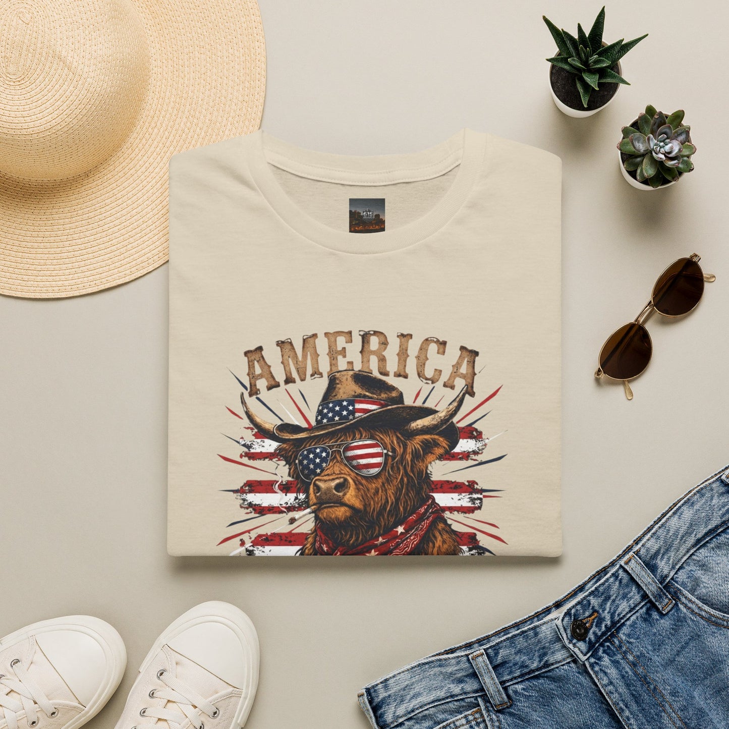 #250 America 250 Strong Patriotic Bull with American Flag T-Shirt