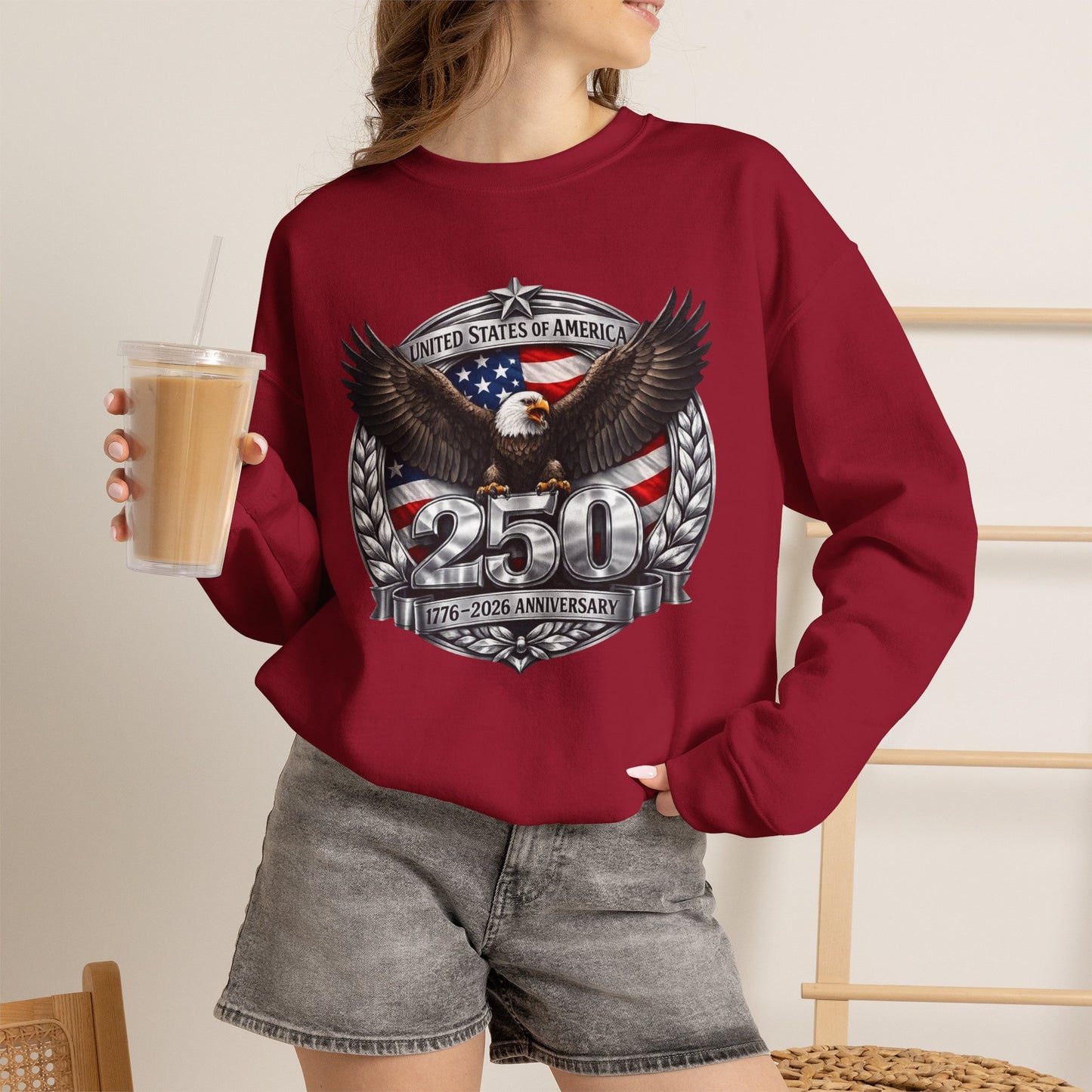 #250 Patriotic Bald Eagle 250 United States Emblem Crewneck Sweatshirt