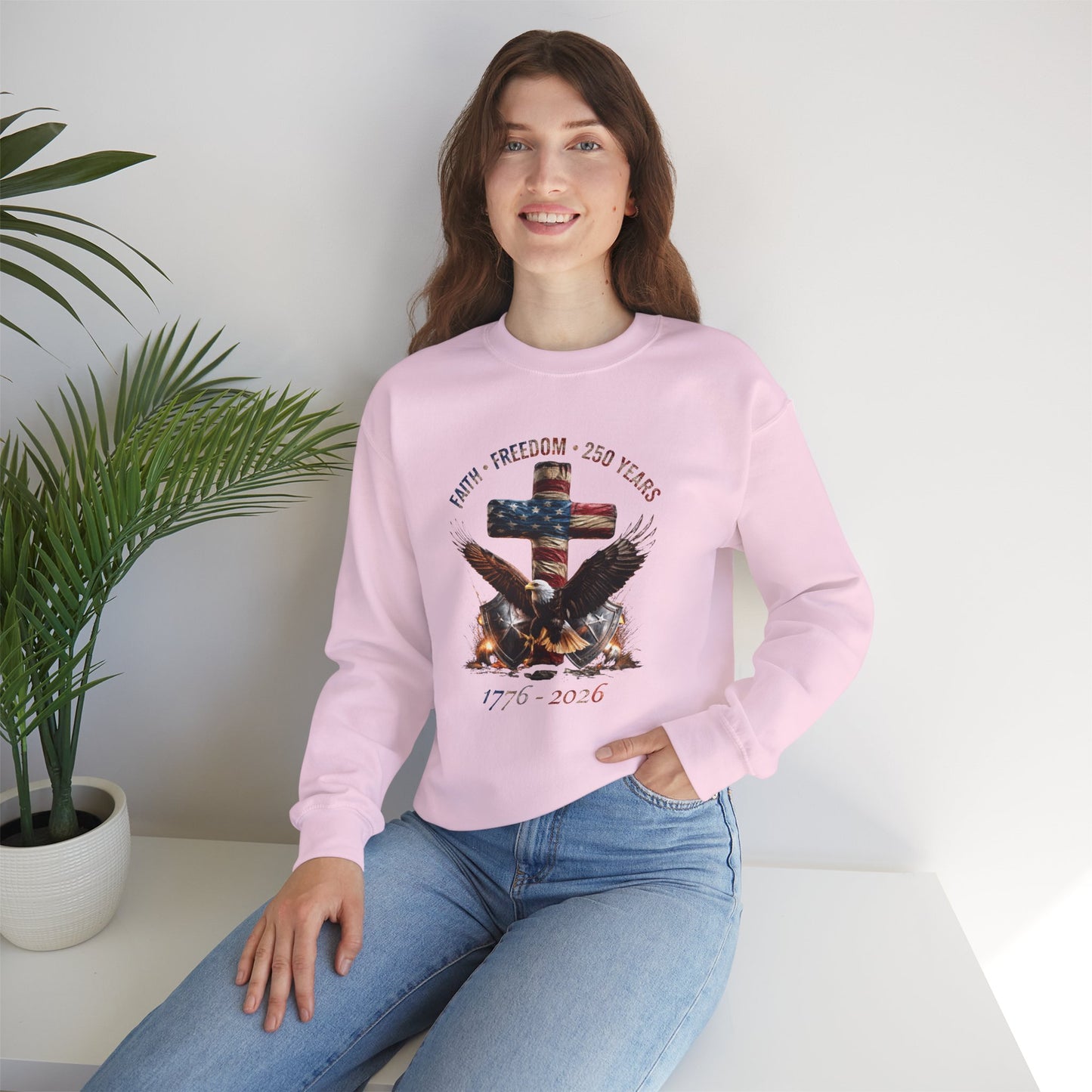 #250 Faith • Freedom 250 Years American Flag Cross & Eagle 1776-2026 Crewneck Sweatshirt