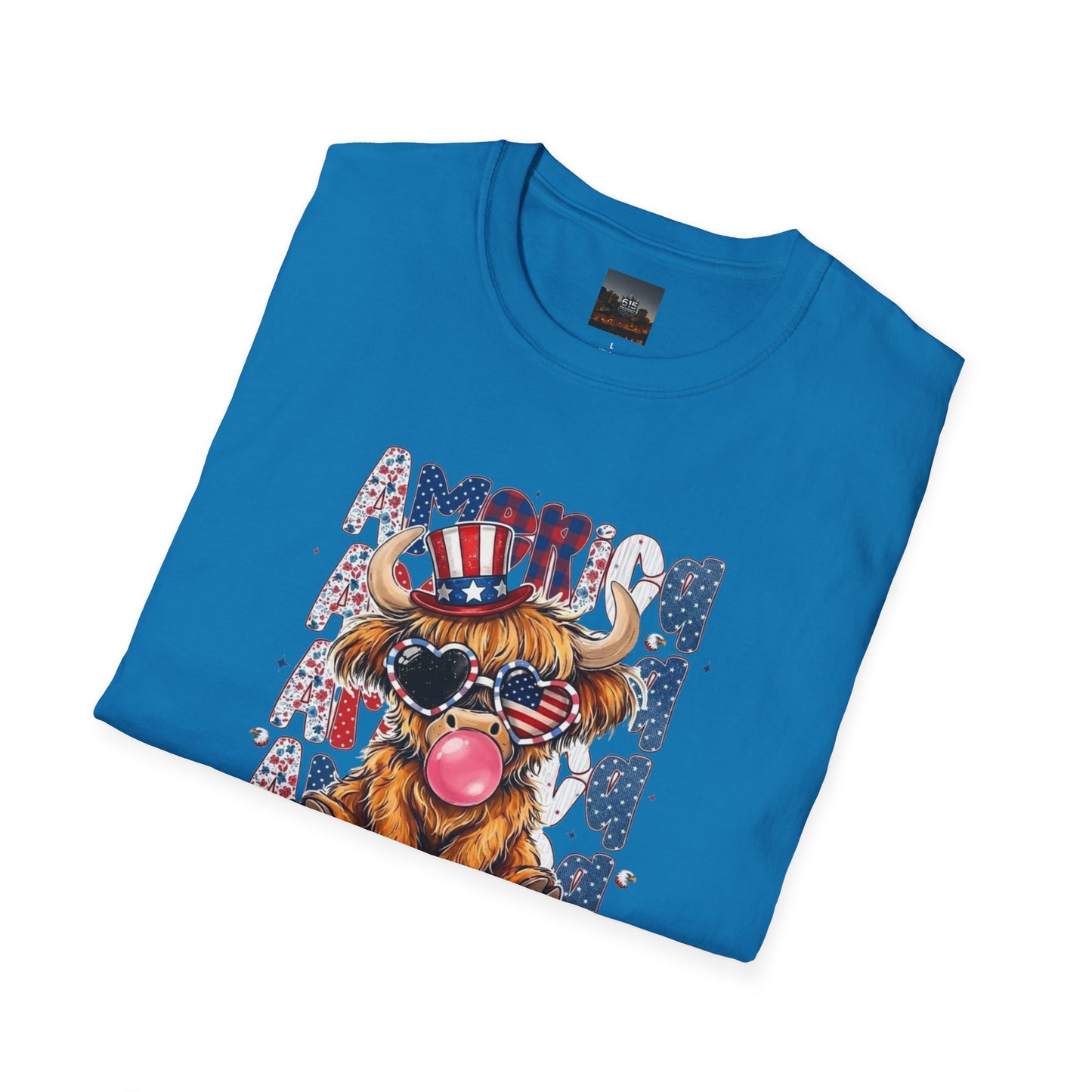 #250 American Flag Bubblegum Patriotic Highland Cow T-Shirt