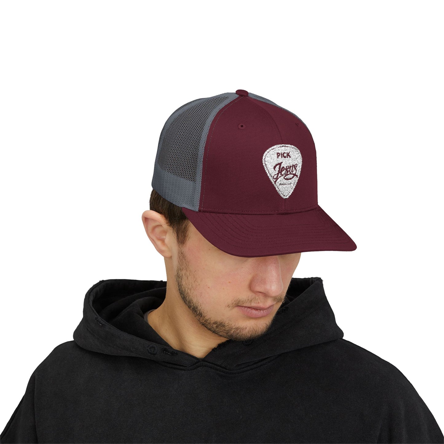 Pick Jesus Guitar Pick Snapback Trucker Cap Christian Guitar Pick Design (Romans 10:13)