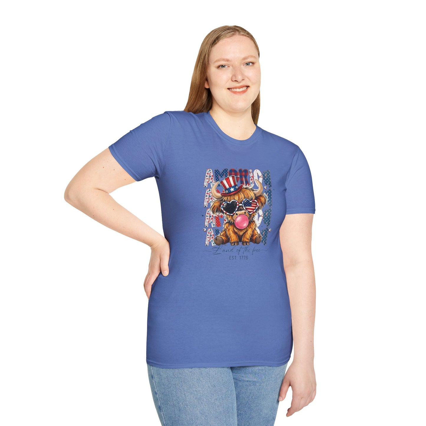 #250 American Flag Bubblegum Patriotic Highland Cow T-Shirt