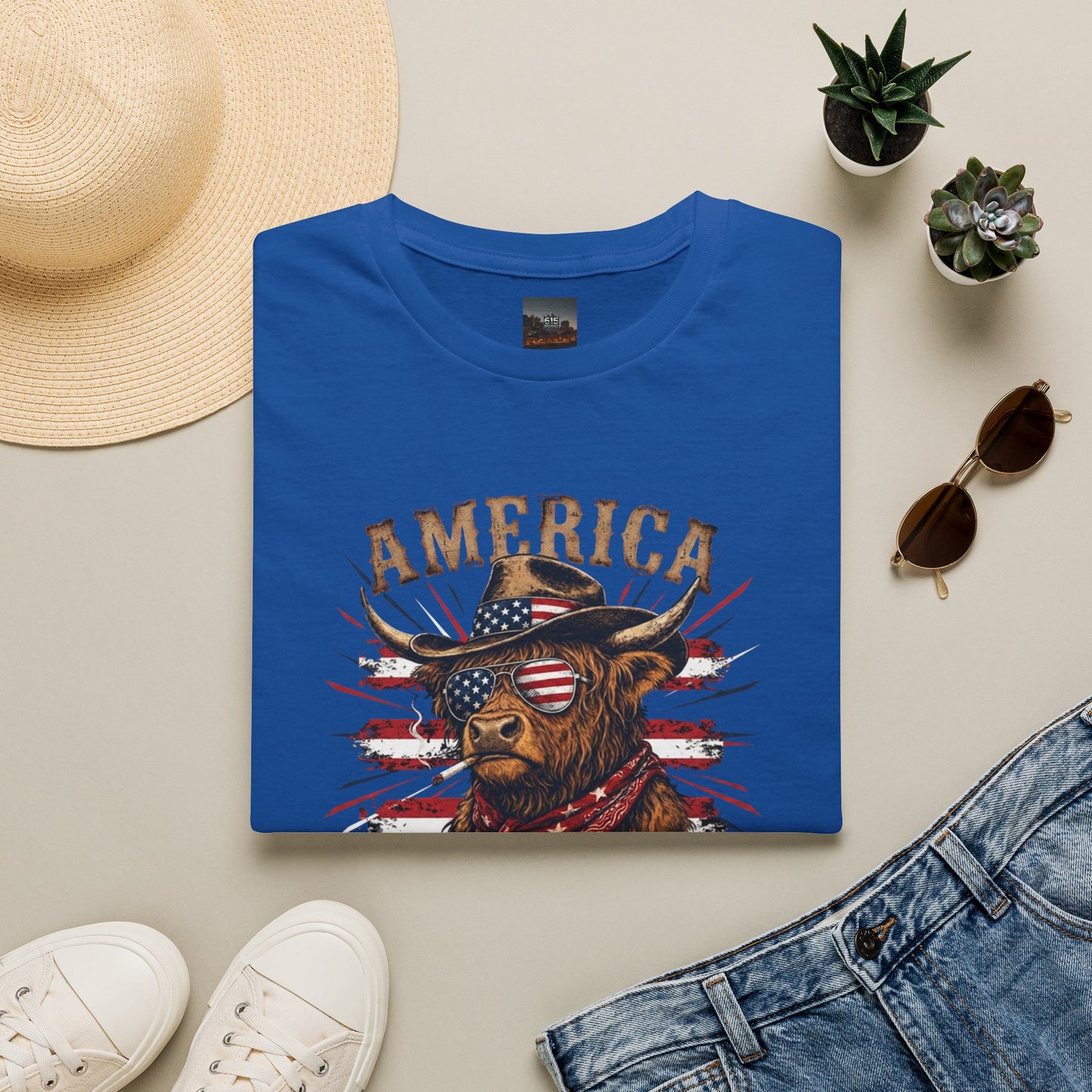 #250 America 250 Strong Patriotic Bull with American Flag T-Shirt