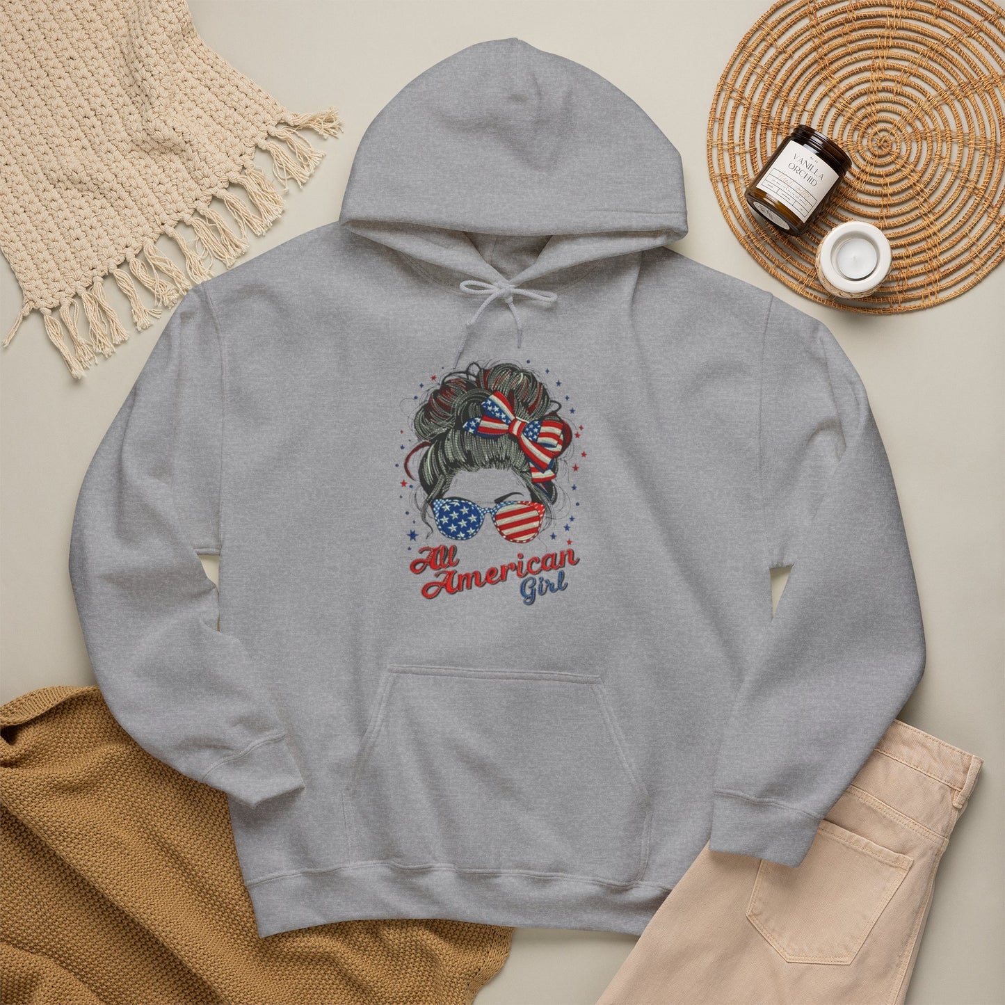#250 "All American Girl" Patriotic Messy Bun Hoodie