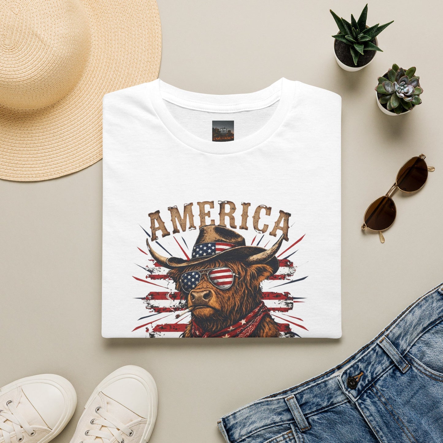 #250 America 250 Strong Patriotic Bull with American Flag T-Shirt