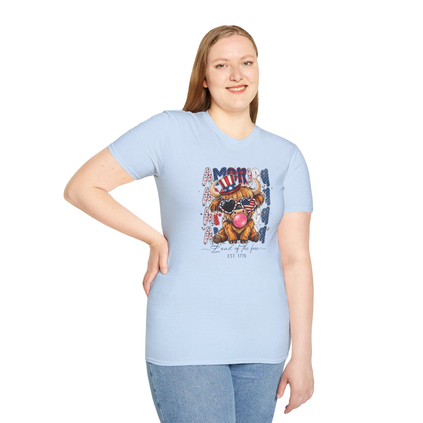 #250 American Flag Bubblegum Patriotic Highland Cow T-Shirt