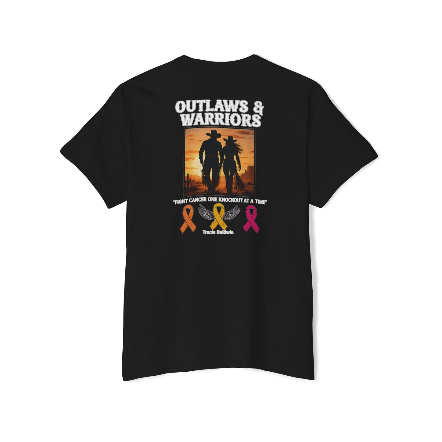 Outlaws & Warriors 100% Cotton Pocket T-Shirt — Minimal Pocket Logo with Graphic On Back
