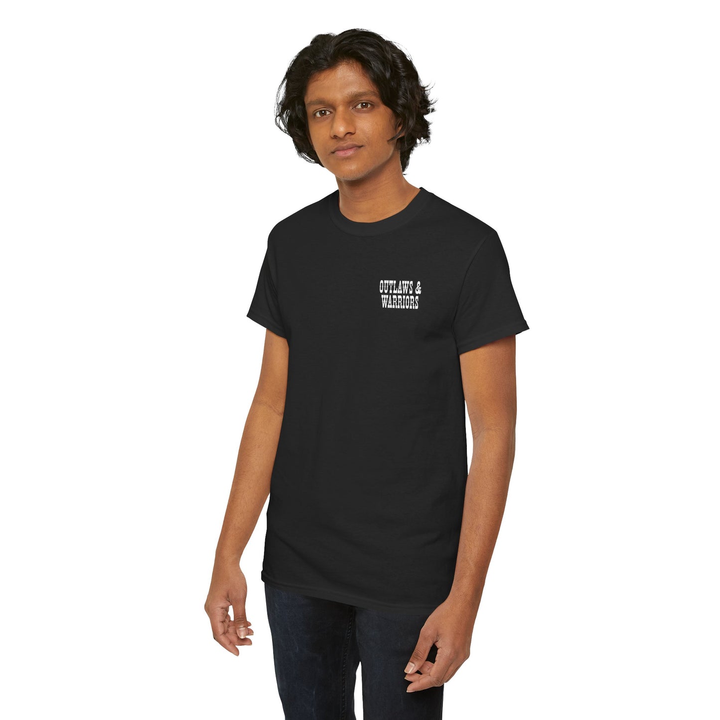 Outlaws & Warriors 100% Cotton T-Shirt — Minimal Chest Logo with Graphic On Back