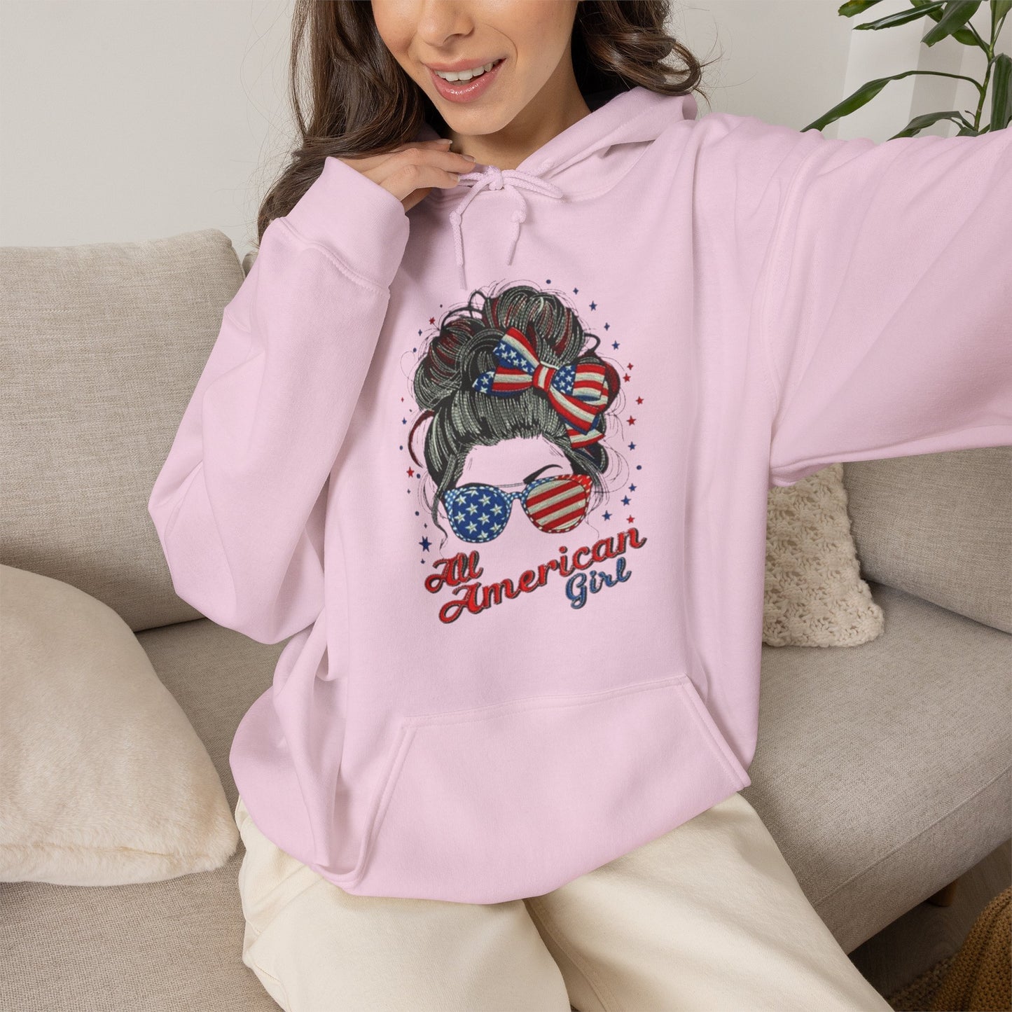 #250 "All American Girl" Patriotic Messy Bun Hoodie