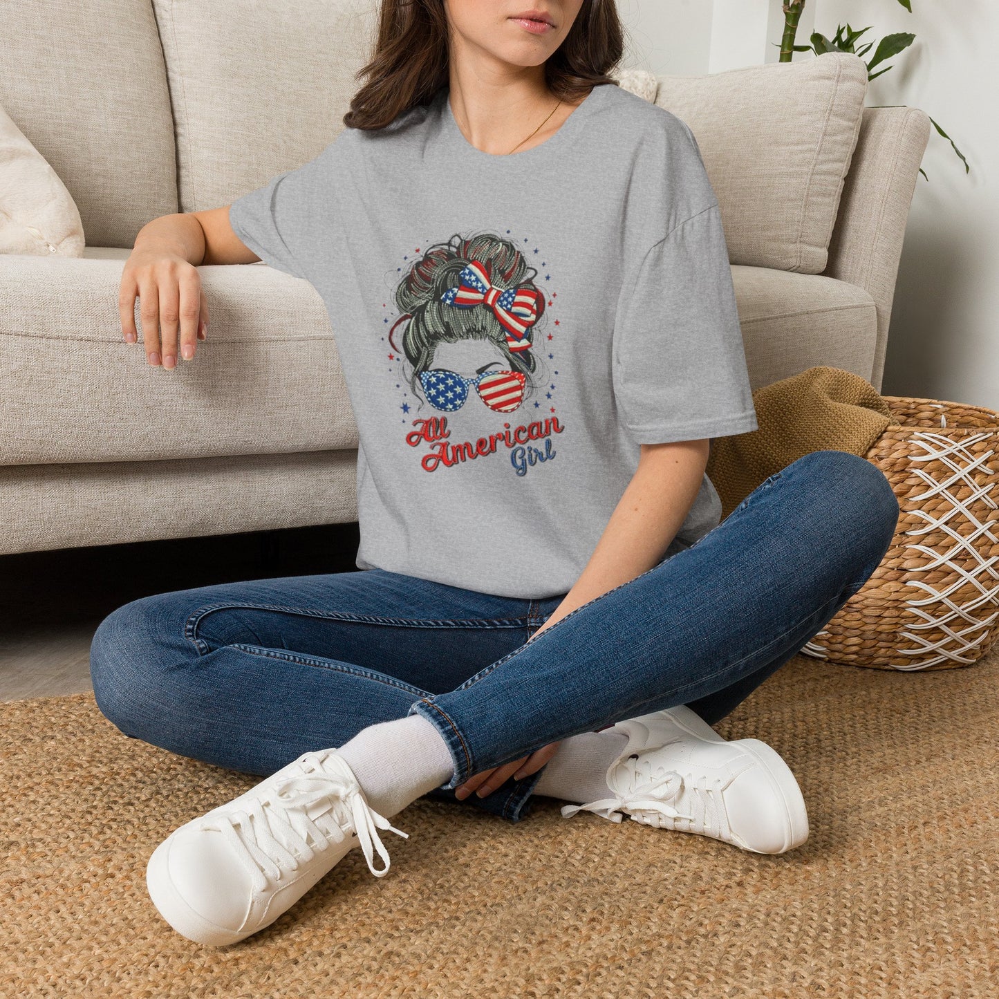 #250 "All American Girl" Patriotic Messy Bun T-Shirt