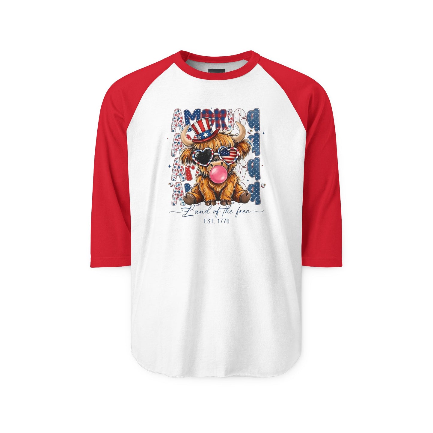 #250 American Flag Bubblegum Patriotic Highland Cow Raglan 3/4 Sleeve Baseball Tee