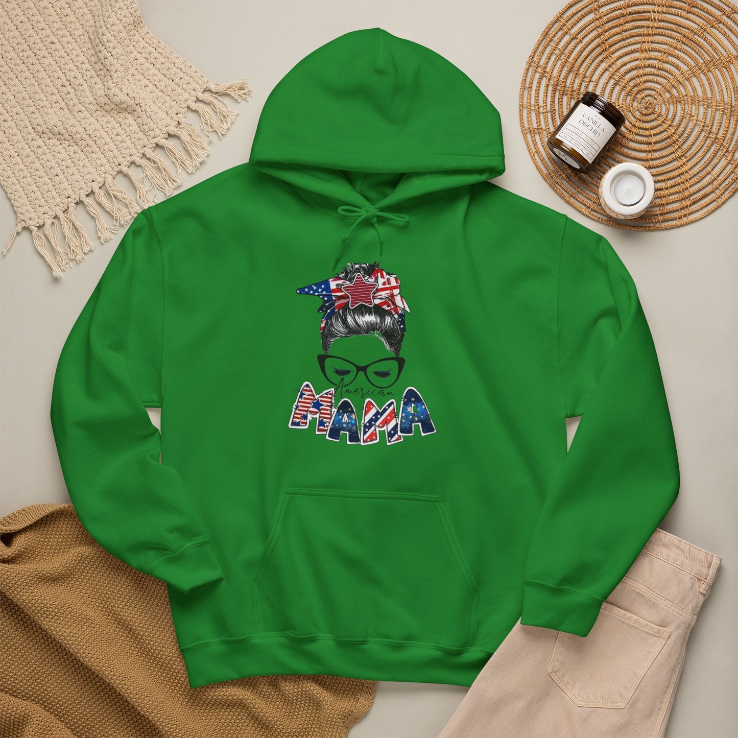#250 Mama USA Flag Messy Bun Hoodie
