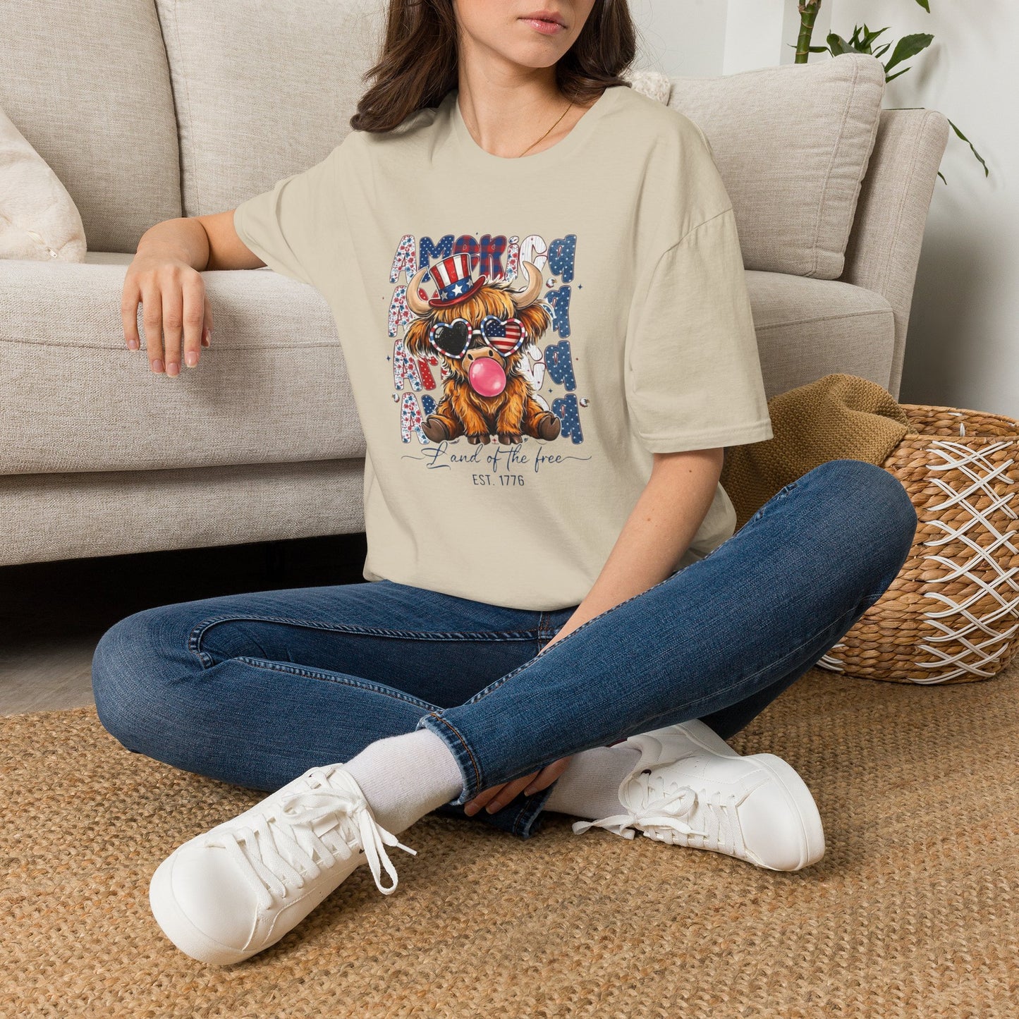 #250 American Flag Bubblegum Patriotic Highland Cow T-Shirt