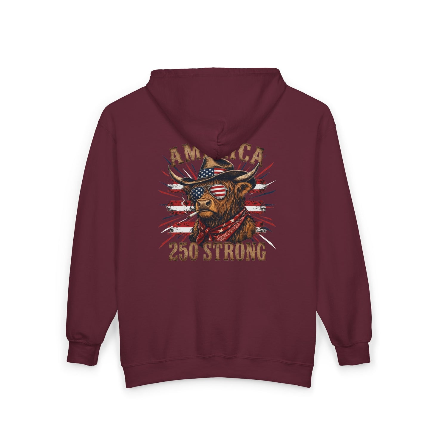 #250 America 250 Strong Patriotic Bull with American Flag Zip Hoodie