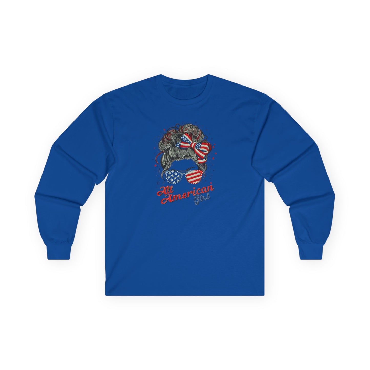 #250 "All American Girl" Patriotic Messy Bun Long Sleeve Tee