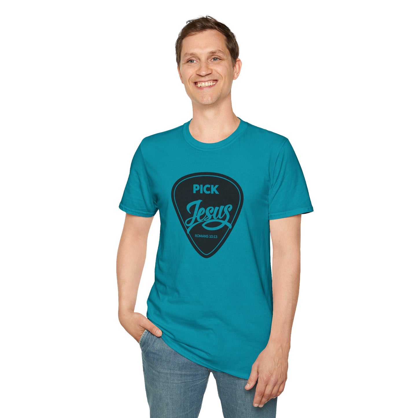 Pick Jesus T-Shirt — Christian Guitar Pick Design (Romans 10:13)