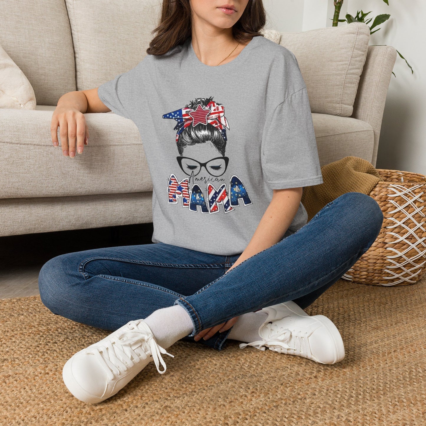 Mama USA Flag Messy Bun T-Shirt