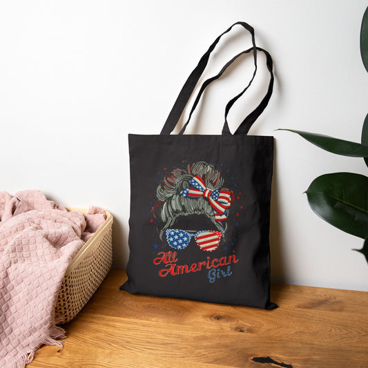 #250 "All American Girl" Patriotic Messy Bun Canvas Tote Bag