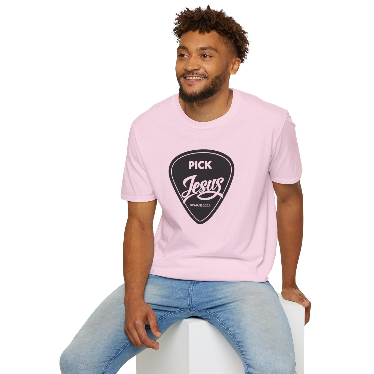 Pick Jesus T-Shirt — Christian Guitar Pick Design (Romans 10:13)