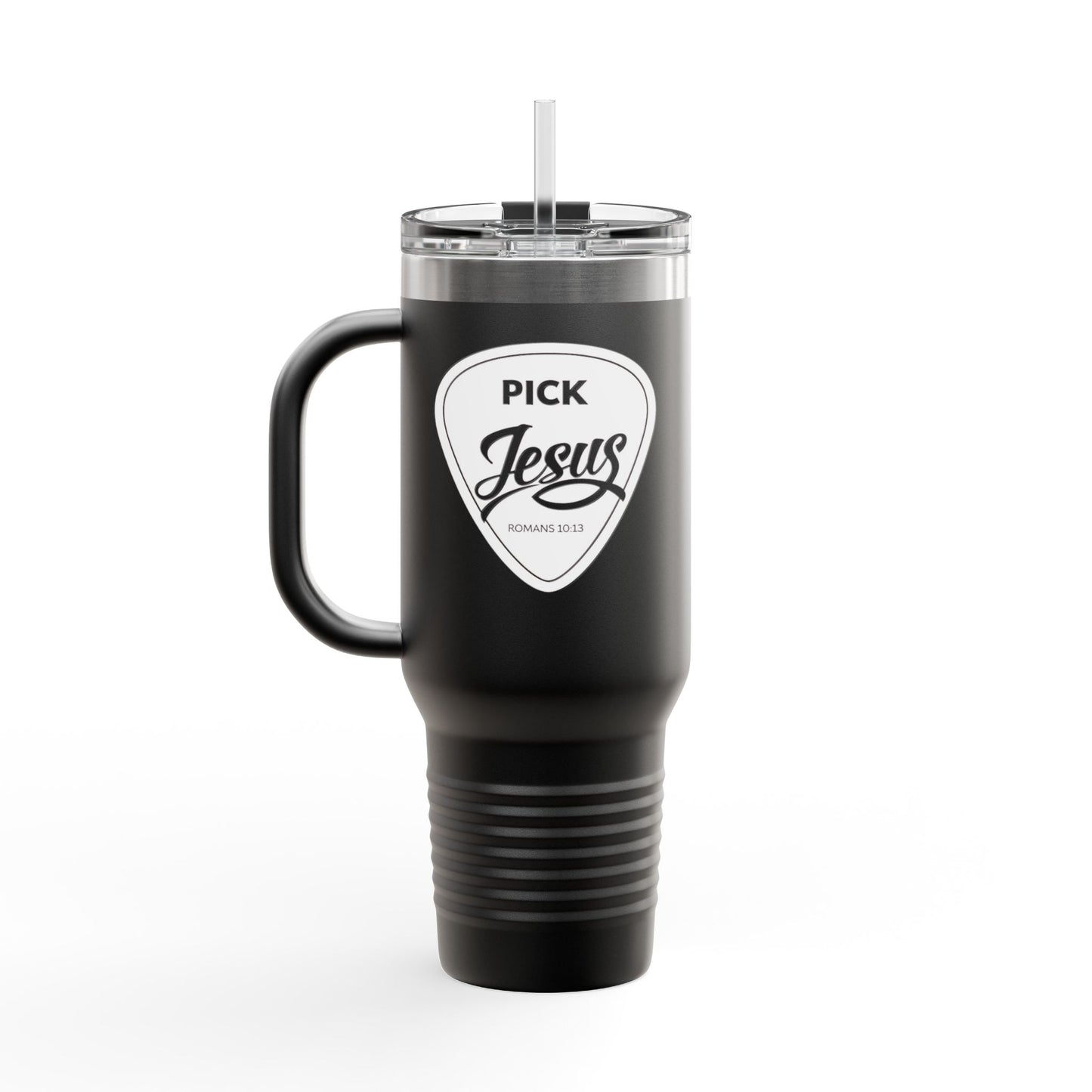 Pick Jesus Guitar Pick 40oz Christian Guitar Pick Design (Romans 10:13) Insulated Travel Mug