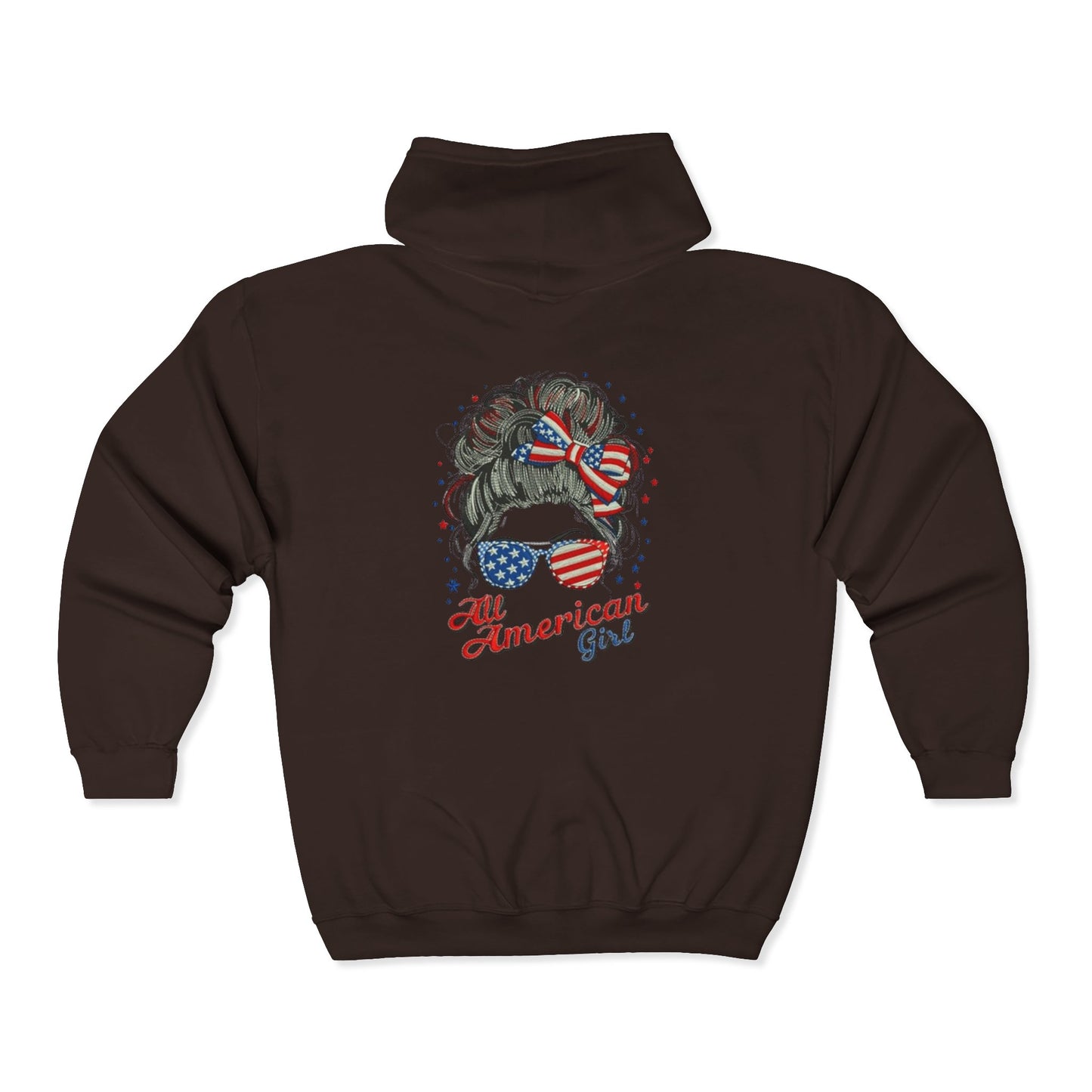 #250 "All American Girl" Patriotic Messy Bun Zip Hoodie