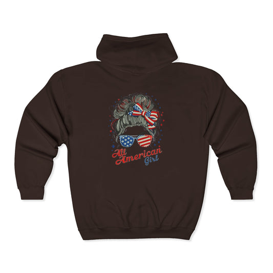 #250 "All American Girl" Patriotic Messy Bun Zip Hoodie