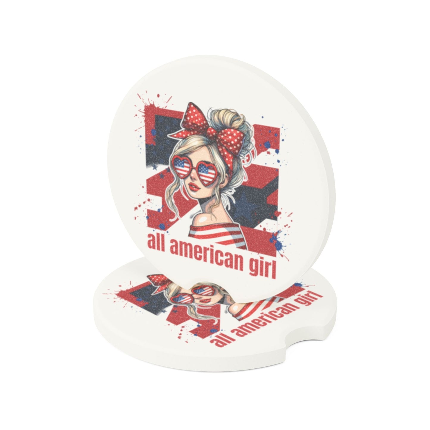 #250 All American Girl Patriotic Soapstone Car Coaster – Patriotic Independence Day Car Mug Holder