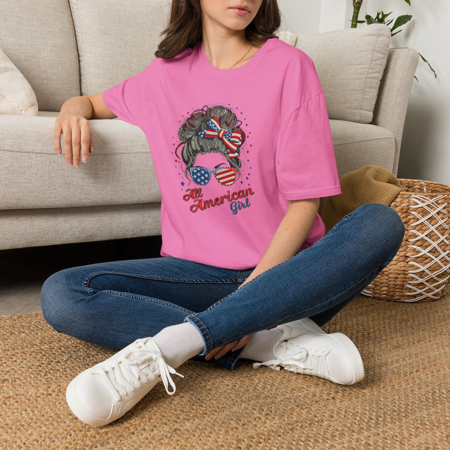 #250 "All American Girl" Patriotic Messy Bun T-Shirt