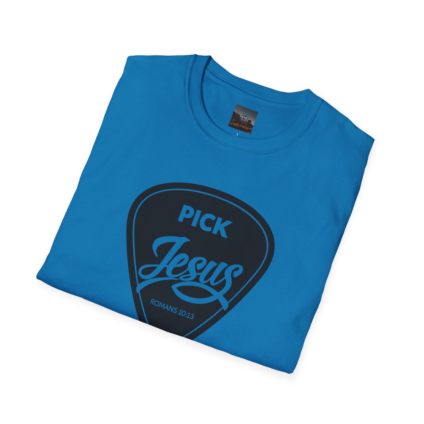 Pick Jesus T-Shirt — Christian Guitar Pick Design (Romans 10:13)