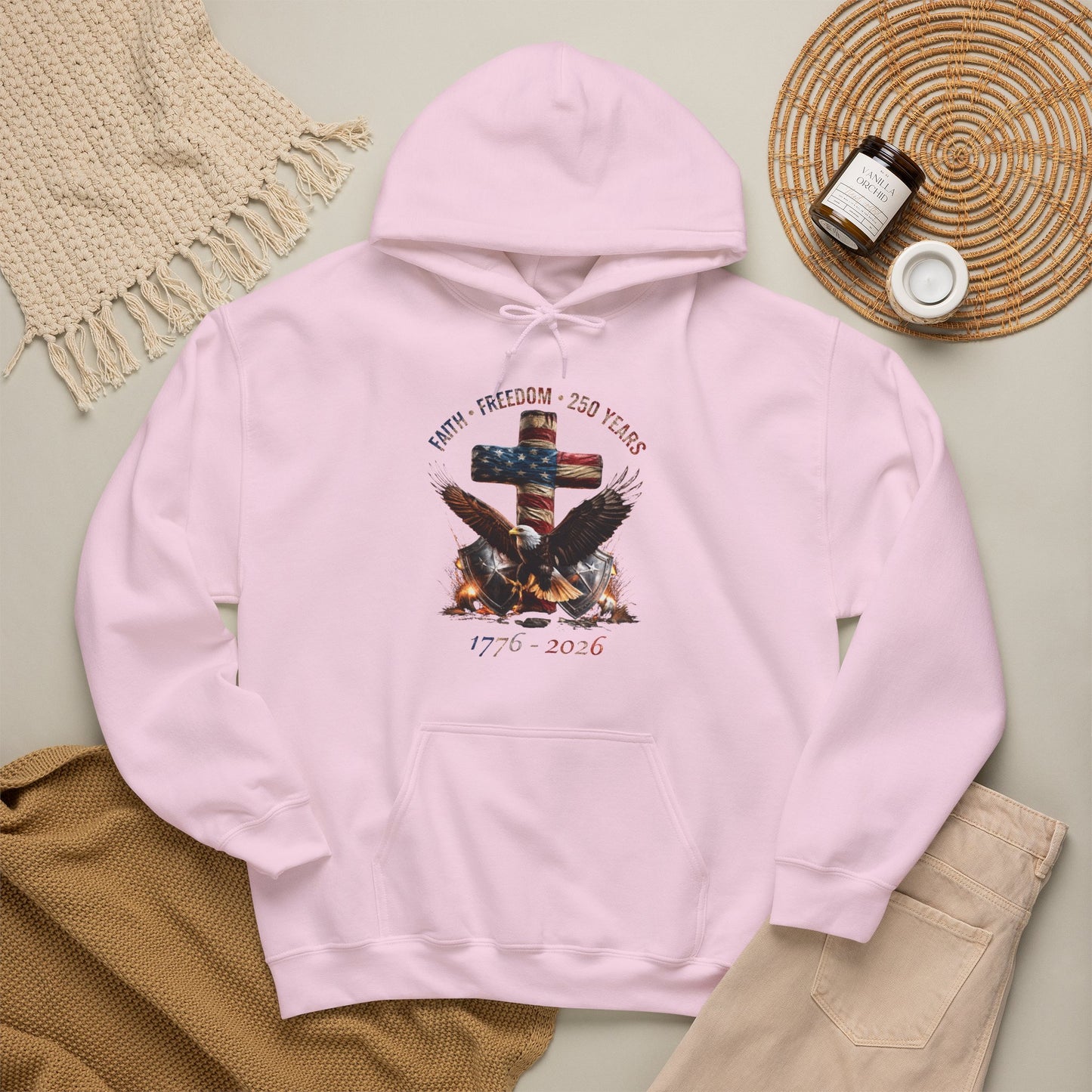 #250 Faith • Freedom 250 Years American Flag Cross & Eagle 1776-2026 Hoodie