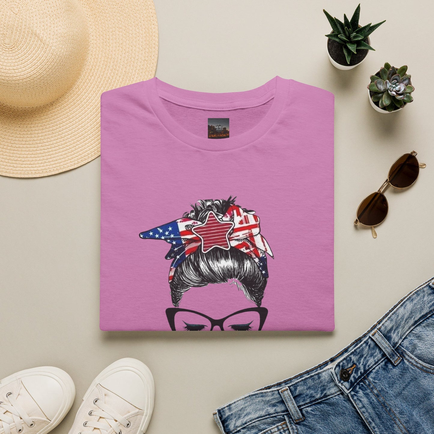Mama USA Flag Messy Bun T-Shirt