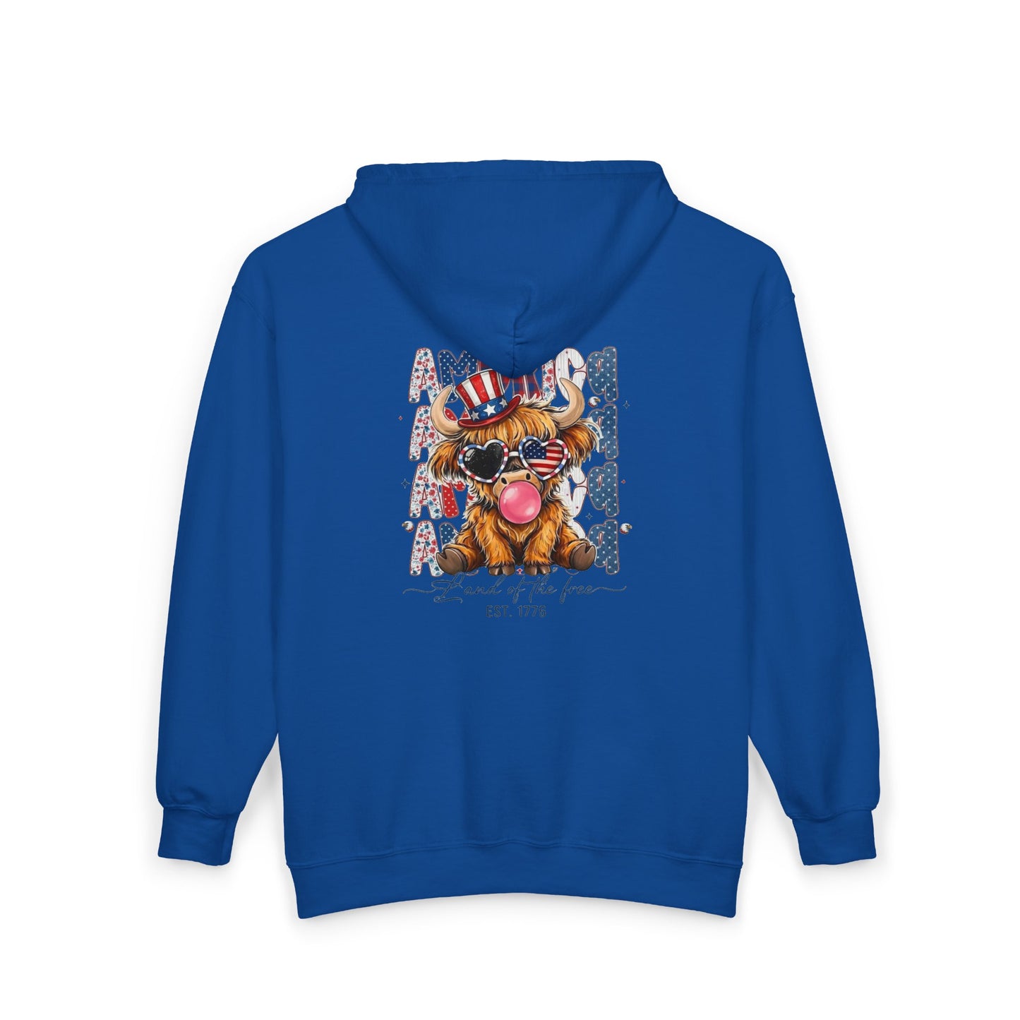 #250 American Flag Bubblegum Patriotic Highland Cow Zip Hoodie