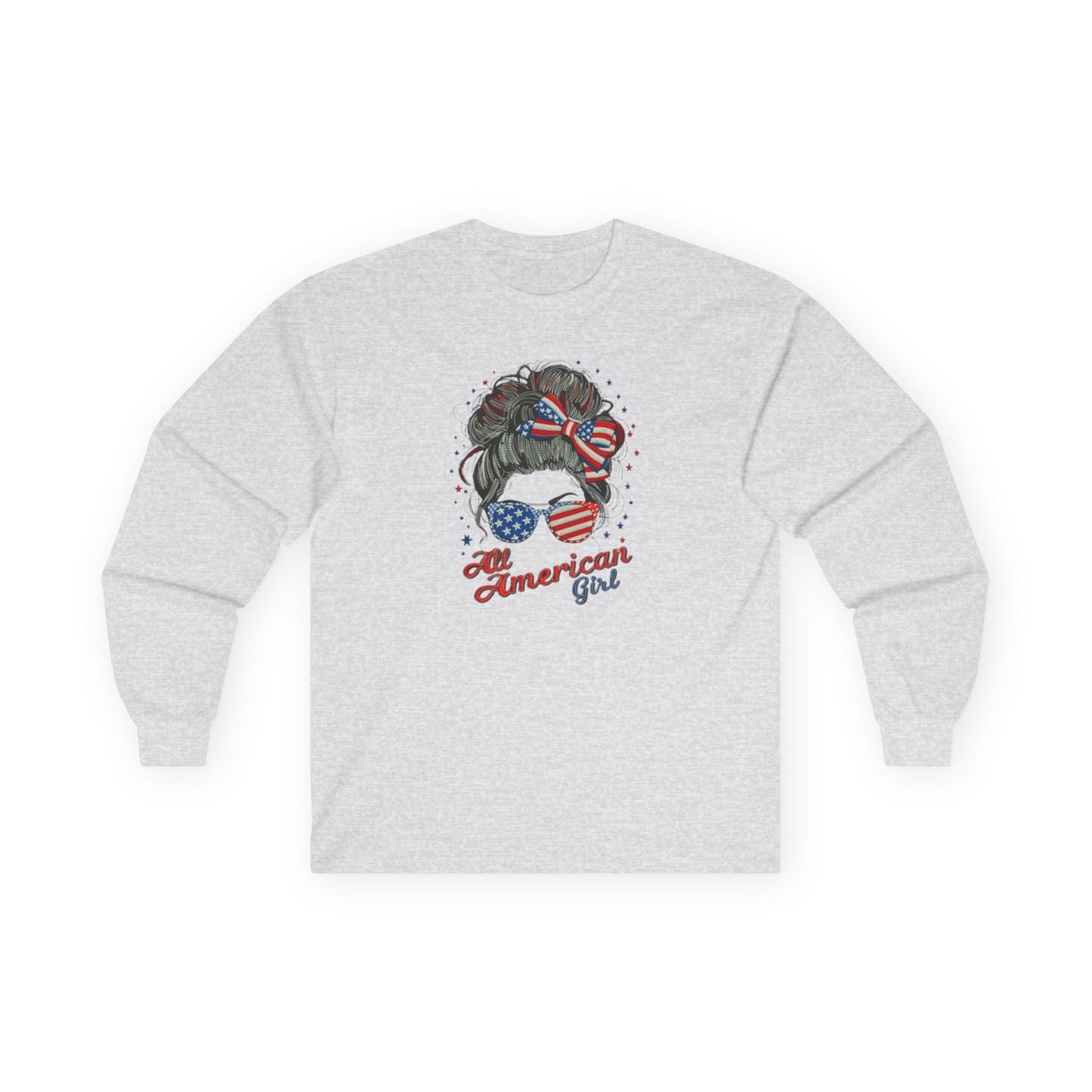 #250 "All American Girl" Patriotic Messy Bun Long Sleeve Tee