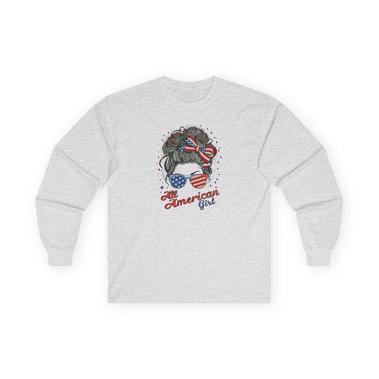 #250 "All American Girl" Patriotic Messy Bun Long Sleeve Tee
