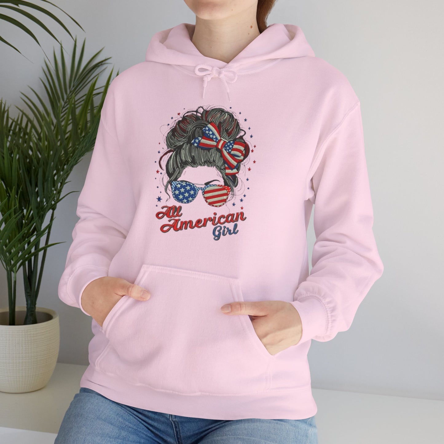 #250 "All American Girl" Patriotic Messy Bun Hoodie