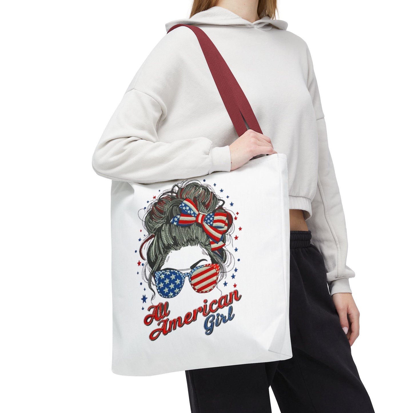 #250 "All American Girl" Patriotic Messy Bun Tote Bag