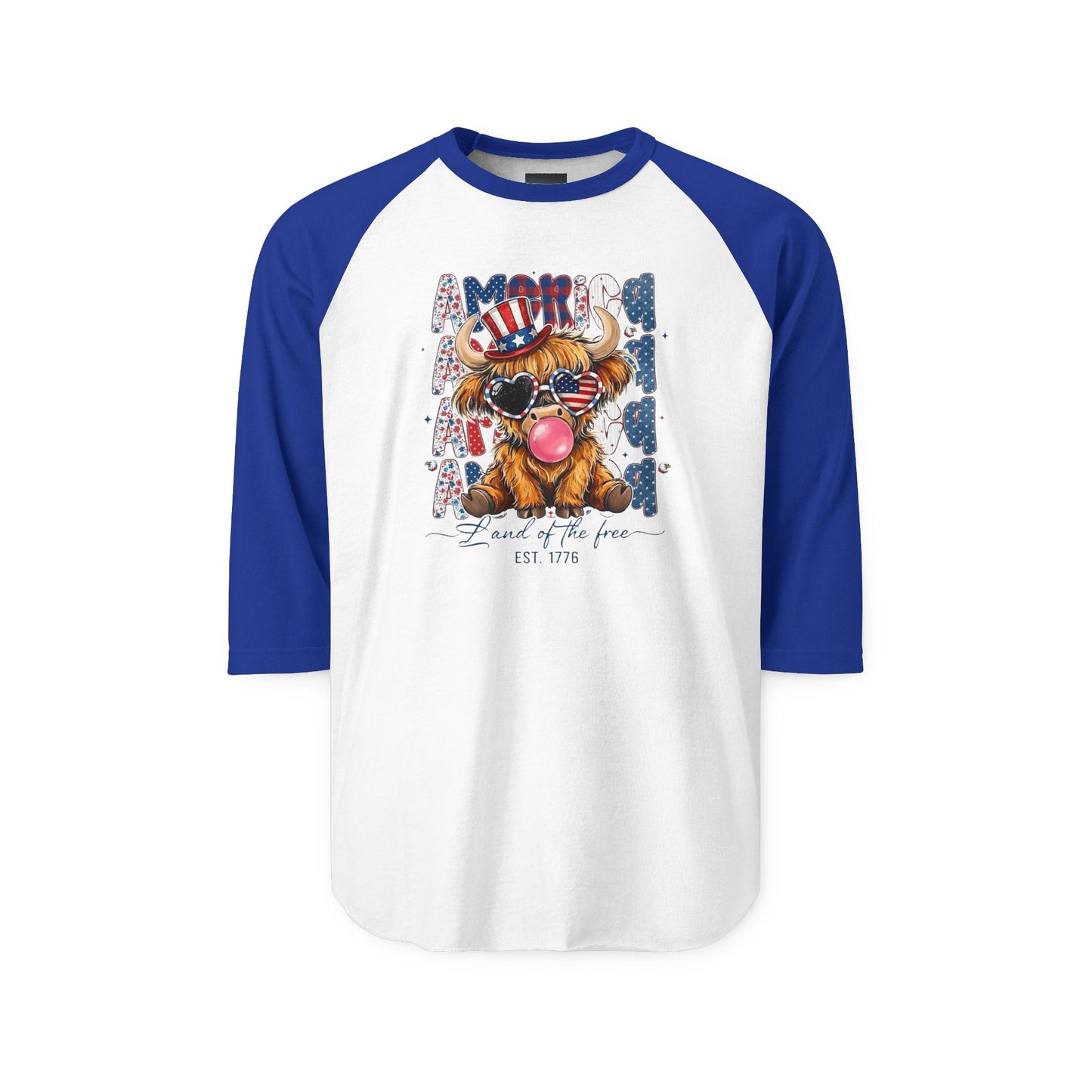 #250 American Flag Bubblegum Patriotic Highland Cow Raglan 3/4 Sleeve Baseball Tee