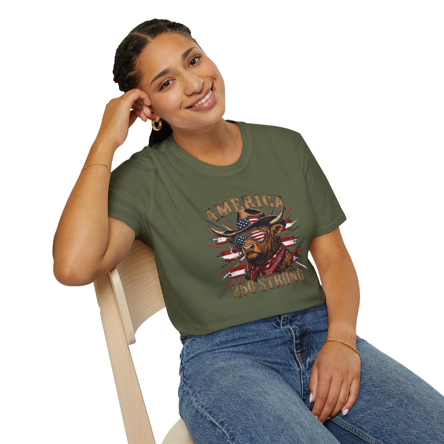 #250 America 250 Strong Patriotic Bull with American Flag T-Shirt