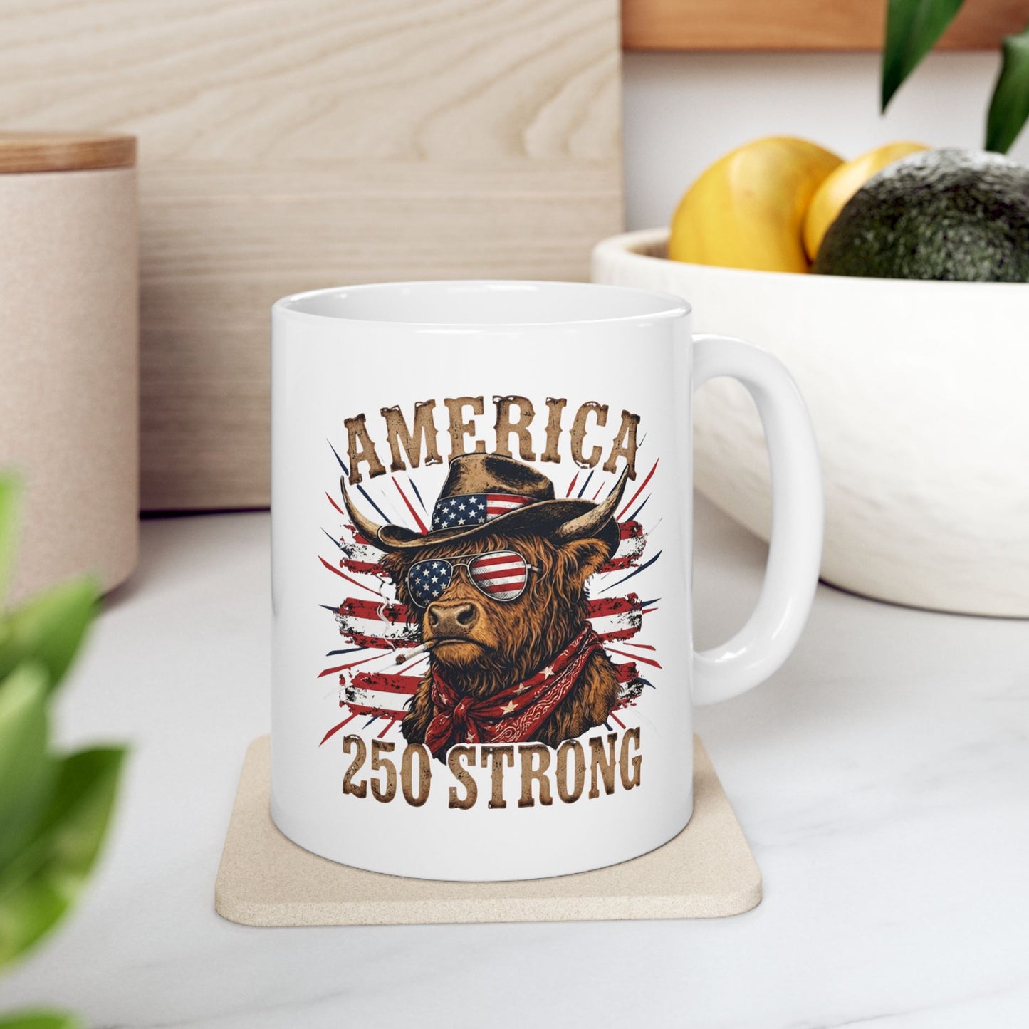 #250 America 250 Strong Patriotic Bull with American Flag Ceramic Mug - 11oz & 15oz